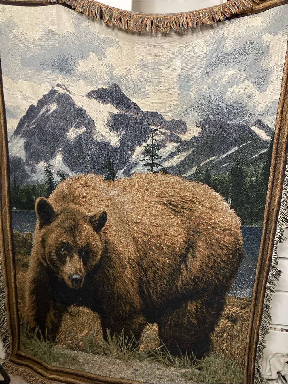 Vintage Bear and Mountain Tapestry throw Blanket Wall Hanging 68x49”